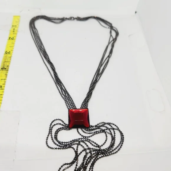 Vintage Gunmetal Ball Chain Multi Strand Y Drop Ruby Red Stone Goth Necklace - Picture 3 of 5